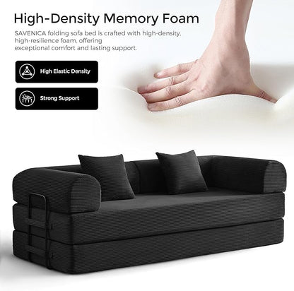 79" Convertible Sofa Bed with Fixed-Shape Frame & Removable Armrests, Modular Corduroy Sleeper Sofa, Folding Mattress Couch for Small Spaces - No Assembly Needed in Black (Includes 2 Pillows)