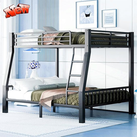 Higher Quality & Stronger Metal Full XL Over Queen Bunk Bed, Thickened Heavy Duty More Stable Safer Black Steel Bunkbed Bunk Queen Bed (Easier to Assemble) (Full XL Over Queen)