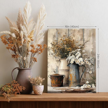 HLXRAE Framed Rustic Farmhouse Bathroom Wall Art, Vintage Country Floral Still Life Wall Decor, White Daisy Canvas Painting, Shabby Chic Flower Poster Print for Living Room Bedroom Kitchen 16"x24"