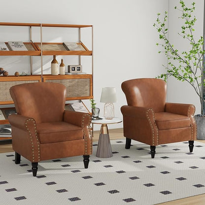 Accent Chair, Mid Century Modern Faux Leather Arm Chair with Wood Leg for Living Room, Bedroom, Comfy PU Leather Club Reading Chairs with Wingback & Nailhead Trim (Leather Brown, Set of 2)