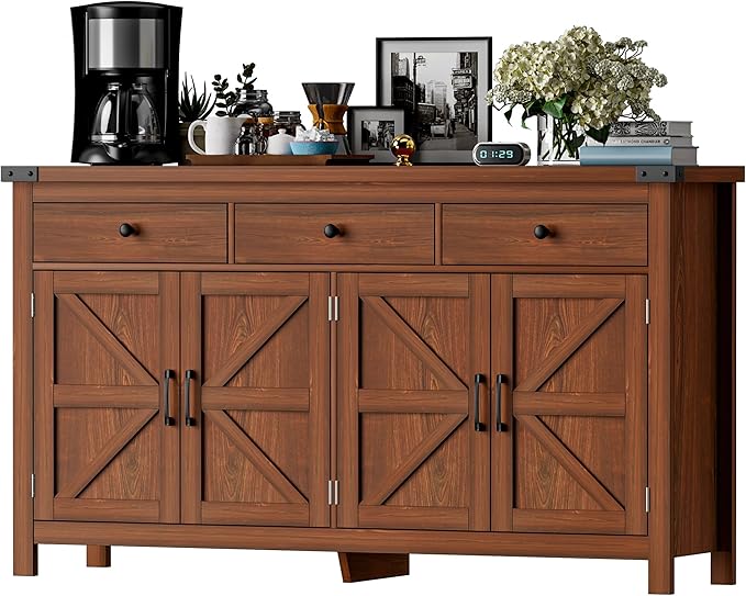 63" Sideboard Buffet Cabinet with Storage, Coffee Bar with 3 Drawers and 4 Barn Doors, Long Wider Storage Cabinet Modern Farmhouse, Cherry Wood, for Kitchen, Dining Room, Living Room