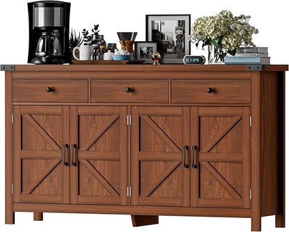63" Sideboard Buffet Cabinet with Storage, Coffee Bar with 3 Drawers and 4 Barn Doors, Long Wider Storage Cabinet Modern Farmhouse, Cherry Wood, for Kitchen, Dining Room, Living Room