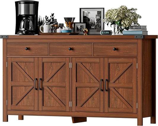 63" Sideboard Buffet Cabinet with Storage, Coffee Bar with 3 Drawers and 4 Barn Doors, Long Wider Storage Cabinet Modern Farmhouse, Cherry Wood, for Kitchen, Dining Room, Living Room