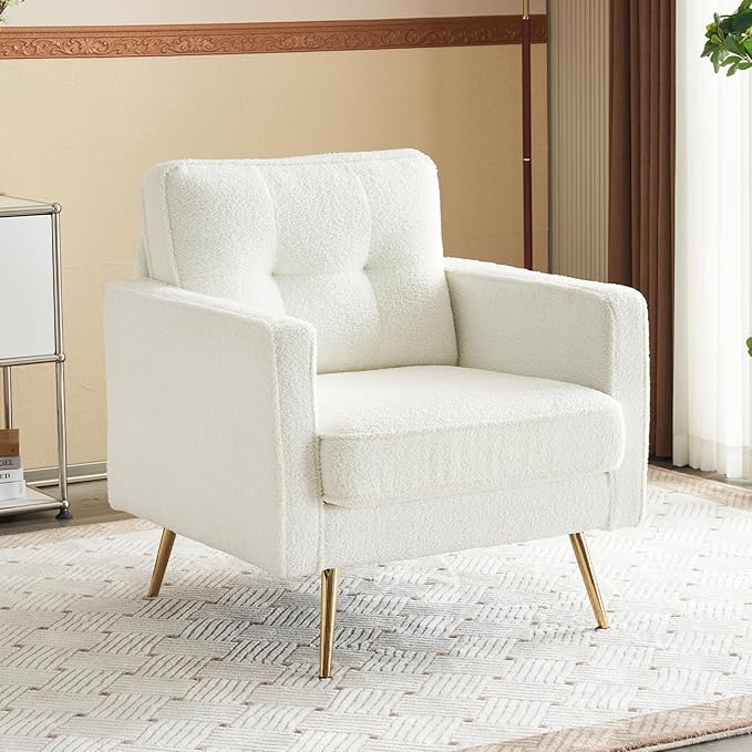 VINGLI Accent Chairs Set of 2 White Living Room Chairs Fluffy Teddy Fabric Mid Century Modern Sofa Chairs with Arms, Gold Legs for Reading, Bedroom, Waiting Room