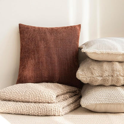 Foindtower Pack of 2 Soft Textured Chenille Throw Decorative Pillow Covers Square Accent Solid Cushion Cover Cozy Neutral Farmhouse Pillow Case for Couch Sofa Bedroom Living Room 26x26 Inch,Red Taupe