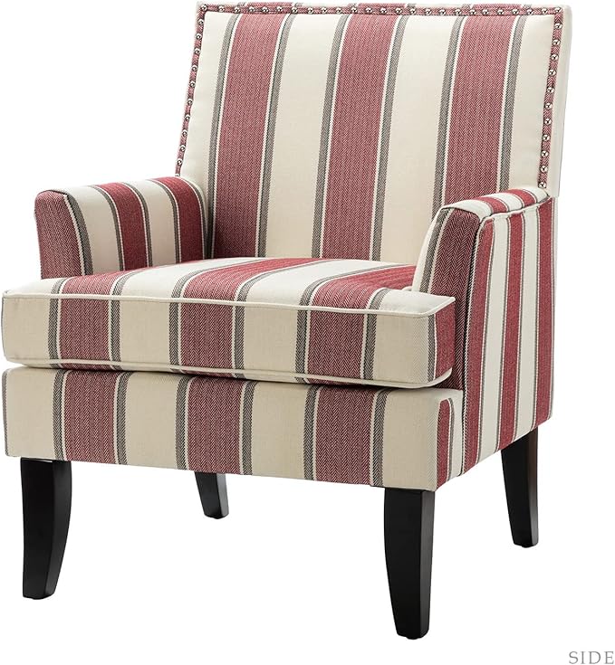 HULALA HOME Modern Accent Chair with Arms and Wooden Legs, Striped Accent Chair Armchair High Back Rest, Padded Armrest and Comfortable Cushioned Seat for Living Room (Stripe Red)