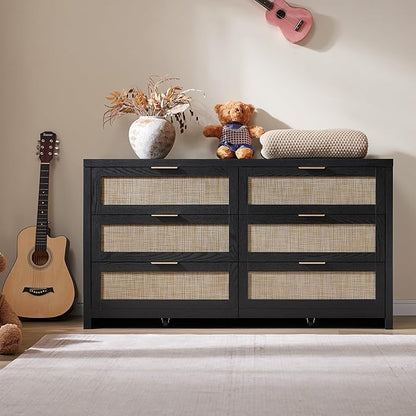 SICOTAS Rattan Dresser for Bedroom, 56.9" Wide 6 Drawer Dresser with Ample Storage, Wooden Dressers Large Chest of Drawers, Closet, Boho TV Stand for Bedroom (Black Oak, 1 Piece)
