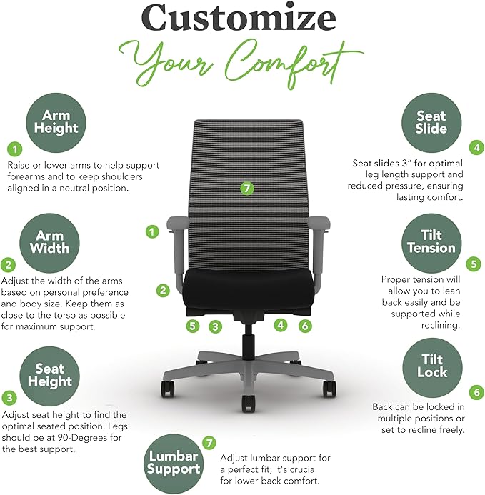 HON Ignition 2.0 Mid Back Task Chair, Advanced Synchro-Tilt Control, Office Chair with Lumbar Support, Height and Width Adjustable Arms, Titanium Frame, Black