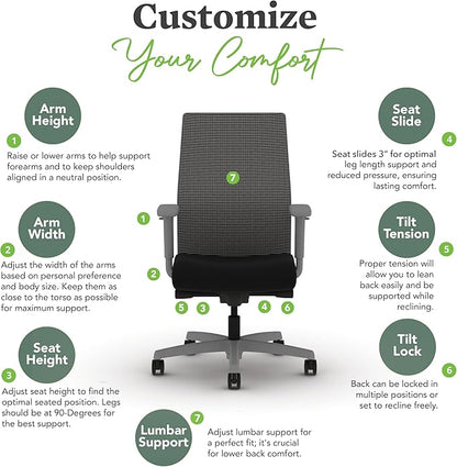 HON Ignition 2.0 Mid Back Task Chair, Advanced Synchro-Tilt Control, Office Chair with Lumbar Support, Height and Width Adjustable Arms, Titanium Frame, Black