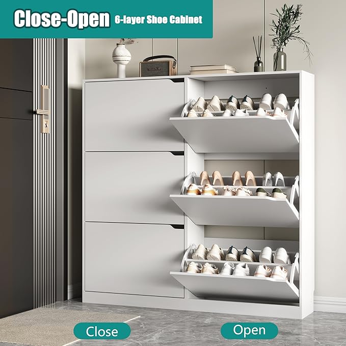 Shoe Storage Cabinet for Entryway with 6 Flip Drawers, Sturdy Wood Hidden Shoe Storage, Freestanding Narrow Slim Shoe Organizer for Front Door Entrance, Living Room, Hallway, Bedroom, White
