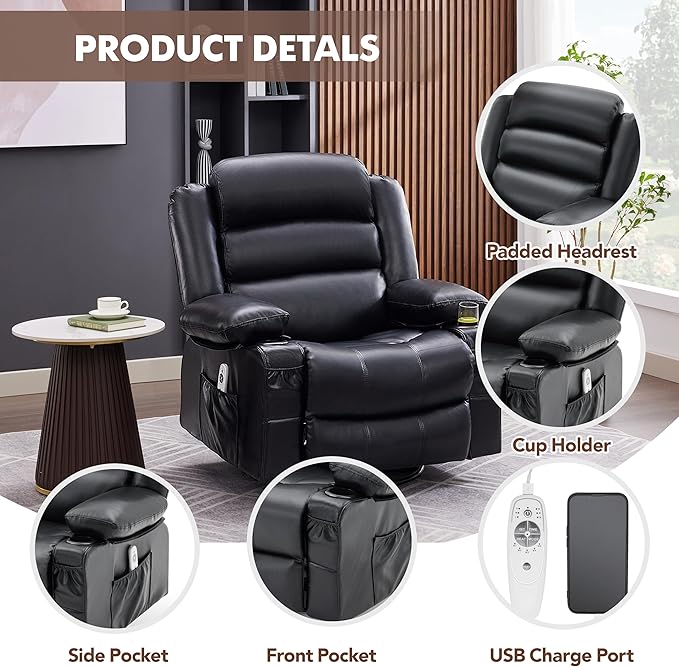 Oversized Recliner Chairs for Adults, 360° Swivel Rocking Recliner with Heat and Massage Lazy Boy Recliner,Recliner Chairs Single Sofa Seat with Cup Holders