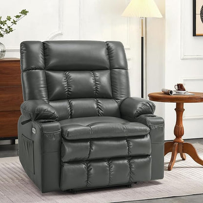 MCombo Dual Motor Power Lift Recliner Chair for Elderly, Lay Flat Lift Chair with Heat and Massage, Extra Wide Lift Recliner for Big People, Cup Holders, Faux Leather R7897 (Grey, Medium-Wide)