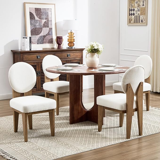 Mid-Century Modern Walnut Dining Chairs Set of 2, Vintage White Wooden Kitchen Chairs, Retro Upholstered Linen Cushioned Seat with Curved Backrest, Armless Accent Side Chair for Bedroom