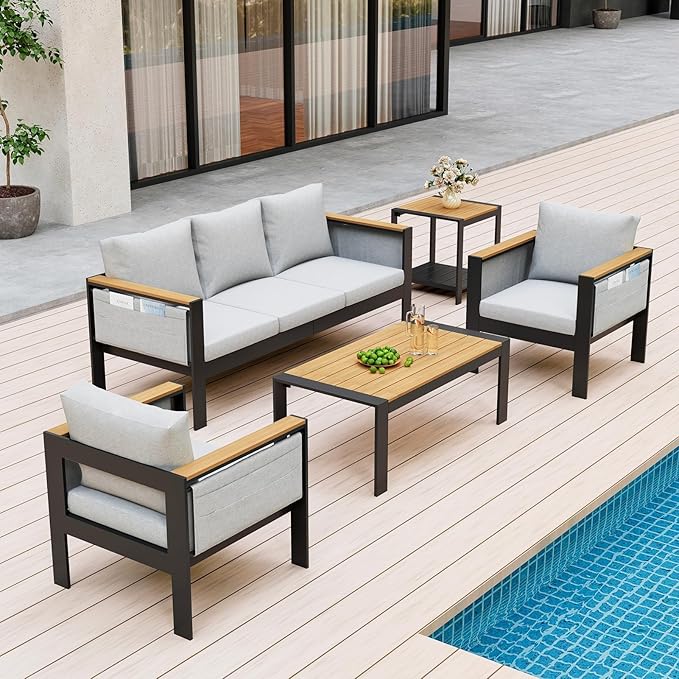 Corinth 5-Piece Aluminum Patio Conversation Set - Outdoor, Porch, Balcony, Yard, Gardern, All Weather Furniture Set with 3 Seater Sofa, White