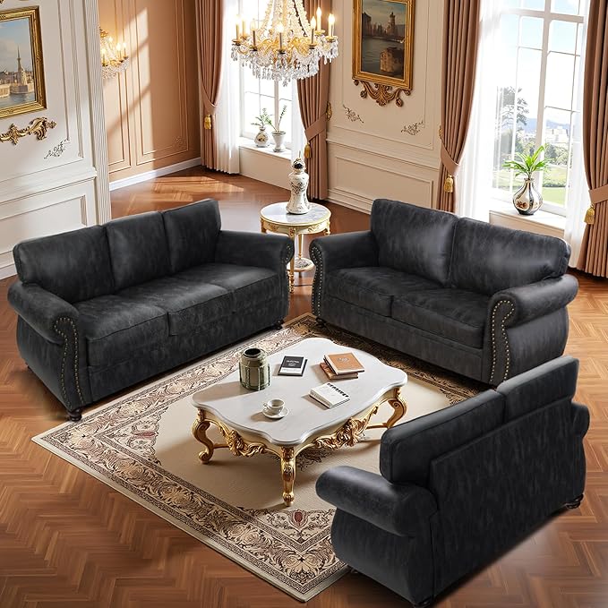 Living Room Furniture Sets,Sofa Sets and Couch Sets for Living Room,Mid-Century Vintage Sofa Couches with Rivet Design (Grey, 2 Loveseat+3 Seater)