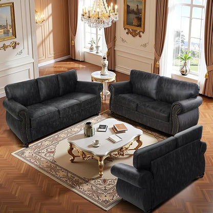 Living Room Furniture Sets,Sofa Sets and Couch Sets for Living Room,Mid-Century Vintage Sofa Couches with Rivet Design (Grey, 2 Loveseat+3 Seater)