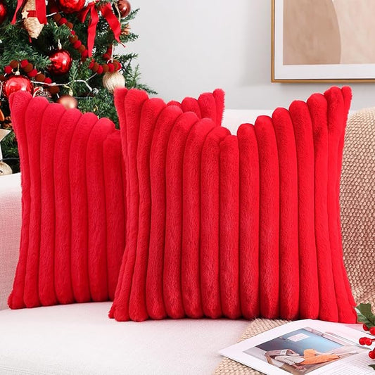 Pallene Faux Fur Plush Christmas Throw Pillow Covers 18x18 Set of 2, Luxury Soft Fluffy Striped Decorative Pillow Covers for Sofa, Couch, Living Room, Red