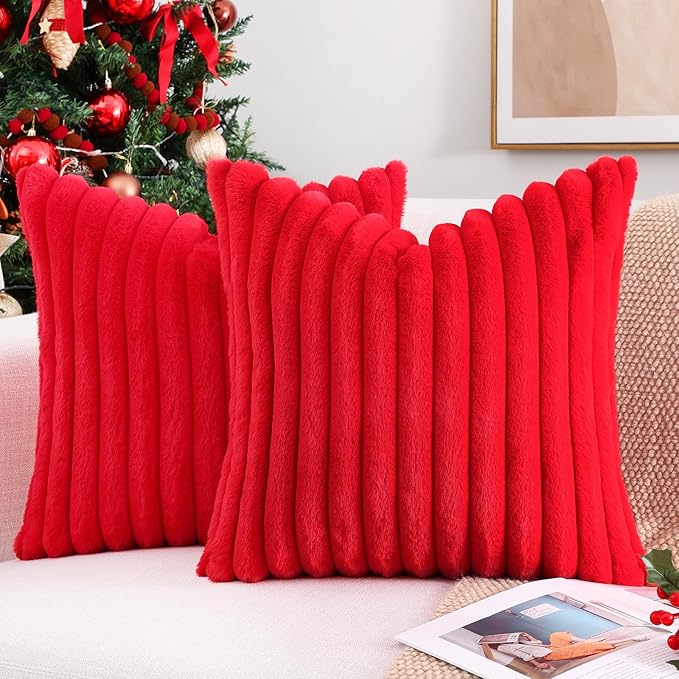 Pallene Faux Fur Plush Christmas Throw Pillow Covers 16x16 Set of 2, Luxury Soft Fluffy Striped Decorative Pillow Covers for Sofa, Couch, Living Room, Red