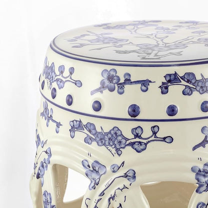 JONATHAN Y TBL1027A Lucky Coins 16" Chinese Ceramic Drum Indoor/Outdoor Garden Stool Bohemian, Coastal, Classic, Cottage, French Country, Patio, Garden Room, Bathroom, Living Room, Blue/White