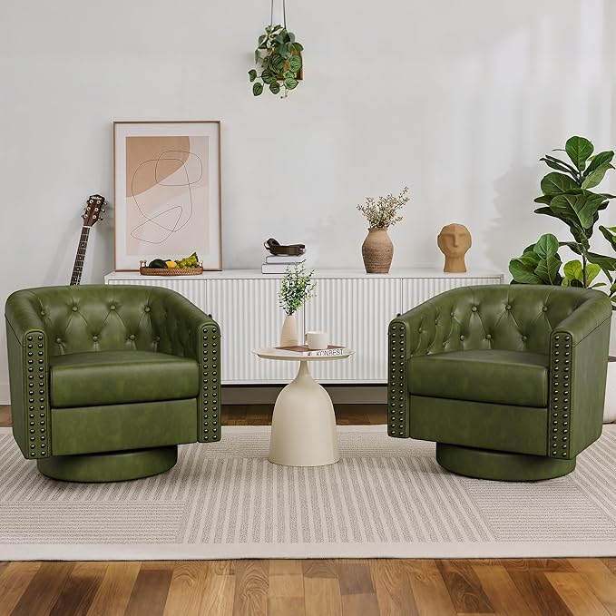 Swivel Barrel Accent Chair,Round Nailhead Faux Leather Living Room Arm Chairs,Modern Upholstered Comfty Reading Nook Chairs for Bedroom,Small Club Armchair,Single Sofa Side Chair,Olive Green