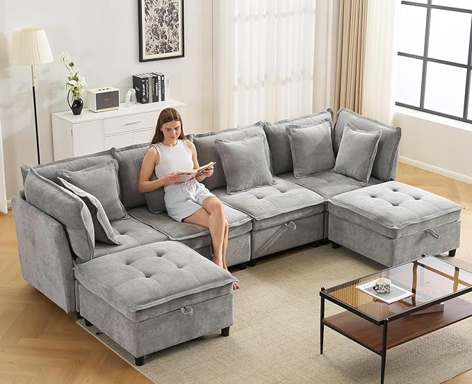 133" U-Shaped Modern Sofa, Modular Sectional Cloud Couch with 2 Ottoman, Oversized Modular Sectional Sofa with Storage Ottoman, 6-Seat Chenille Deep Seat Sofa with 6 Pillows for Living Room, Grey