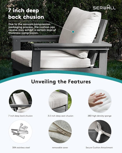 SERWALL Outdoor Patio Sofa Set, 2-Piece HDPE Single Seat Outdoor Sofa Chair with Padded Cushions, Black Frame with Beige Cushion