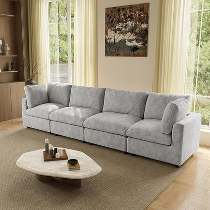 WJShome Modern Sectional Sofa 134 Inch 4-Seater Cloud Couch with Chenille Deep Seat Couches for Living Room, Bedroom and Apartment，Gray