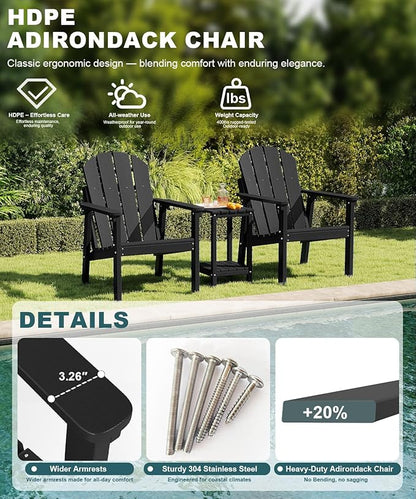 Adirondack Chair, All Weather HDPE Fire Pit Chairs, Oversized Plastic Adirondack Chair for Outdoor, Balcony, Deck, Backyard, Patio, Garden, Poolside, Lawn Black