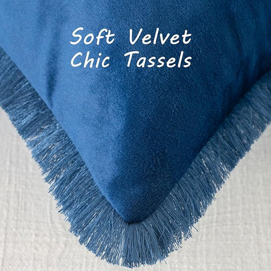 FUTEI Navy Blue Velvet Decorative Throw Pillow Covers 16x16 Set of 2,Soft Cozy Edge with Tassels Cushion Case,Boho Modern Home Decor for Couch Bed Living Room