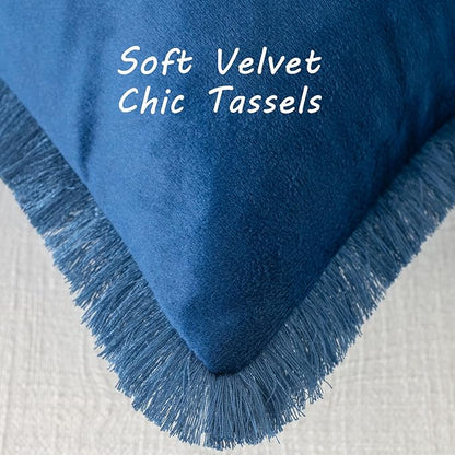 FUTEI Navy Blue Velvet Decorative Throw Pillow Covers 22x22 Set of 2,Soft Cozy Edge with Tassels Cushion Case,Boho Modern Home Decor for Couch Bed Living Room