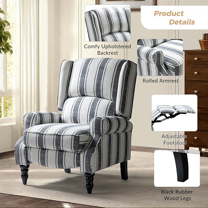 HULALA HOME Upholstered Wingback Recliner Chair, Small Adjustable Footrest Push Back Single Reclining Sofa, Mid Century Modern Lounge Armchair for Living Room, Bedroom, Reading/Stripe Black
