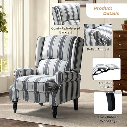 HULALA HOME Upholstered Wingback Recliner Chair, Small Adjustable Footrest Push Back Single Reclining Sofa, Mid Century Modern Lounge Armchair for Living Room, Bedroom, Reading/Stripe Black