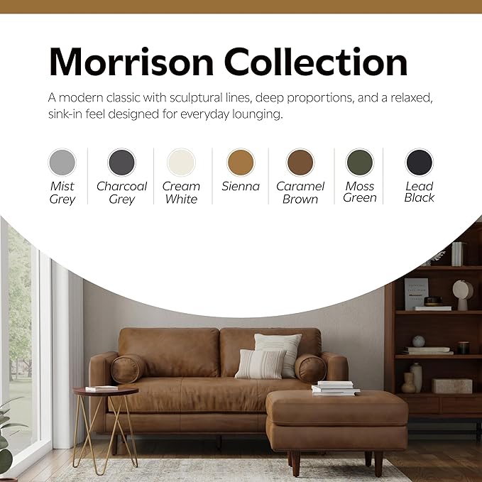 SIMPLIHOME Morrison 72-inch Wide Sofa in Caramel Brown Top Grain Genuine Leather, Mid-Century Modern-Style Loveseat for Living Room, Single Bench Cushion, Removable Back Cushions, 2 Bolster Pillows