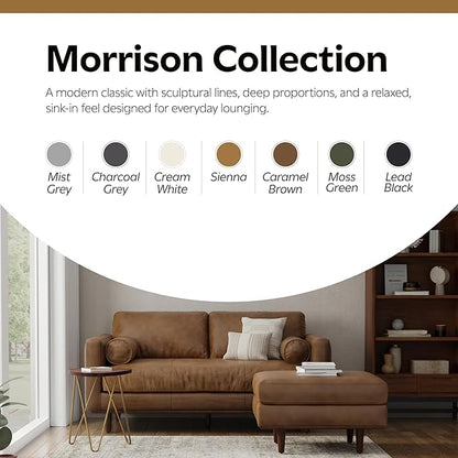 SIMPLIHOME Morrison 72-inch Wide Sofa in Caramel Brown Top Grain Genuine Leather, Mid-Century Modern-Style Loveseat for Living Room, Single Bench Cushion, Removable Back Cushions, 2 Bolster Pillows