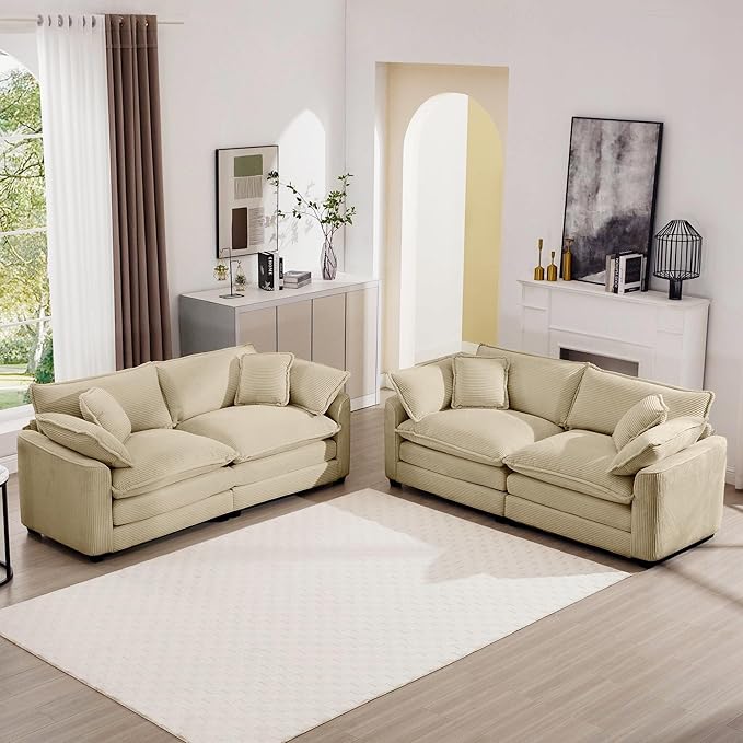 mikibama Luxury 2 Piece Sofa Set, 2 Pieces of Loveseat Couch, Modern Corduroy Comfy Cloud Couches Set for Living Room Office with 4 Armrest Pillows and 4 Toss Pillows, Camel