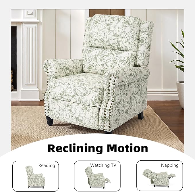 Lumibee Recliner Chair, Wingback Recliner Chair for Living Room, Modern Upholstered Fabric Pushback Armchair with Adjustable Backrest & Footrest for Small Spaces,Bedroom-Rococo Green