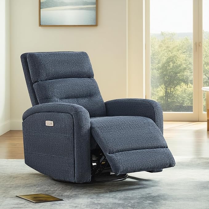 Watson & Whitely Swivel Power Recliner Glider Rocker, Small Recliner with Charging Port for Living Room, Fabric in Blue