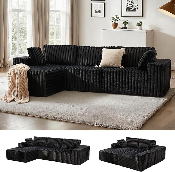 Apicizon 113" Modular Sectional Couch for Living Room, L Shaped Sectional Sofa Couch with Deep Seat, Boneless Sleeper Sofa with Chaise Longue for Apartment，No Assembly Required (Plush Corduroy Black)