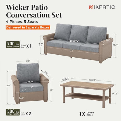 Patio Furniture Set 4 pcs, Wicker Outdoor Patio Furniture, 3-Seat Sofa, 2 Single Sofa and Coffee Table, Rattan Patio Conversation Set for Backyard Deck, Grey