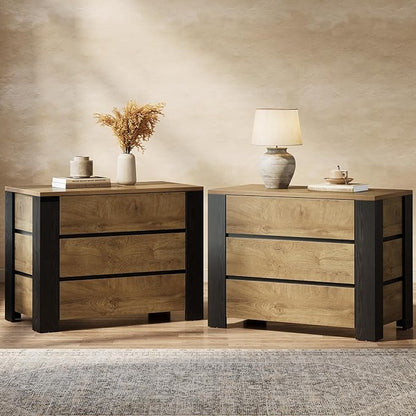 Tribesigns 36" Wide Nightstand Set of 2, Extra Large Night Stand with 3 Drawers, Oversized Nightstand Bedside Table for Bedroom, Farmhouse Side End Table with Storage, Natural