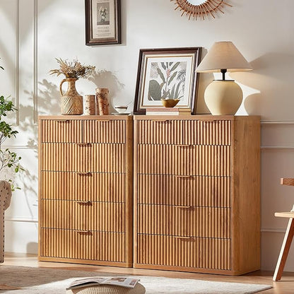 LEYAOYAO Fluted 6 Drawers Dresser for Bedroom, 42" Tall Modern Chest of Drawers with Metal Handle, Curved Profile Design,Brown Wood Drawer Organizer for Bedroom, Living Room, Hallway, Entryway