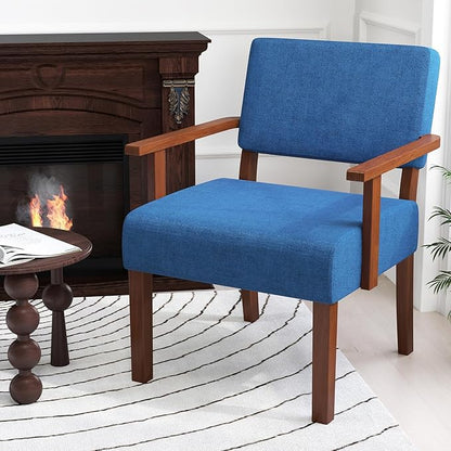 KOMFOTT Upholstered Accent Chairs Set of 2, Mid-Century Modern Armchair with Rubber Wood Frame, Linen Living Room Chairs with Padded Seat & Backrest, Reading Chair for Bedroom, Waiting Room, Blue