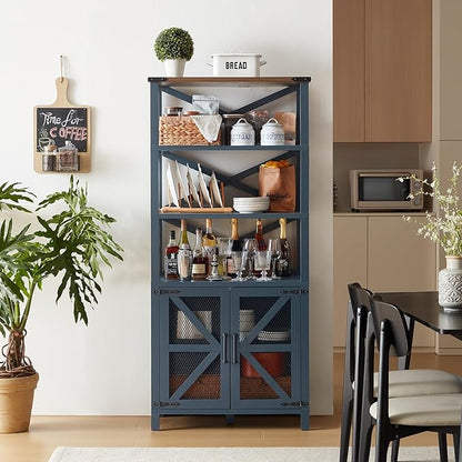 5 Tier Bookshelf 70" Tall Bookcase with Barn Doors,Large Farmhouse Display Book Shelf with Adjustable Shelves and Storage Cabinet，Library Wood Bookshelves for Living Room,Kitchen,Blue(3PCS)