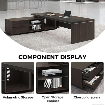 Reversible L Shaped Executive Desk with Lockable Drawers, Power Box & Cable Management, Dual-Tone Modern Wood Office Desk with Storage Cabinets & Privacy Panel for Home Office