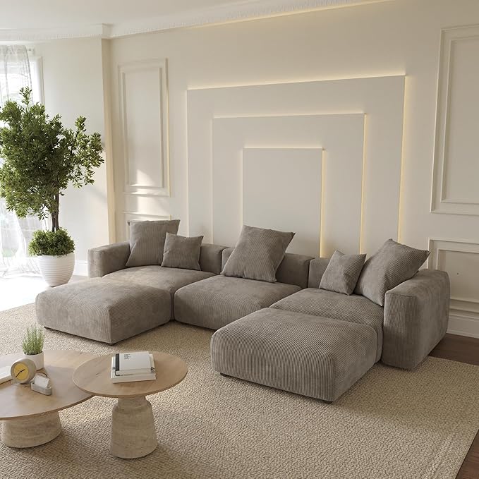 WJShome Cloud Couch Modular Sectional Sofa,141.73" U Shaped Sofa with 2 Ottomans,Brown Corduroy Couch 5 Seater,Convertible Sectional Sofa for Living Room,Cushion Covers Removable& Washable