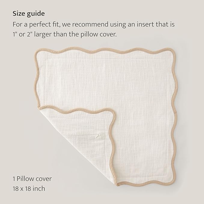 Double Stitch Scalloped Throw Pillow Covers - 100% Cotton Decorative Boho Pillow Covers 18 x 18, Made in India, Square Cushion Case, Modern Home Decor for Couch Sofa Living Room, Cream