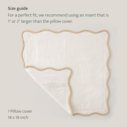 Double Stitch Scalloped Throw Pillow Covers - 100% Cotton Decorative Boho Pillow Covers 18 x 18, Made in India, Square Cushion Case, Modern Home Decor for Couch Sofa Living Room, Cream