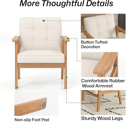 Modern Accent Chair with Arm Rest, Upholstered Linen Fabric Leisure Chair Comfy Side Chair with Backrest Button and Wooden Frame for Living Room Bedroom Reading(Beige), 1 PC