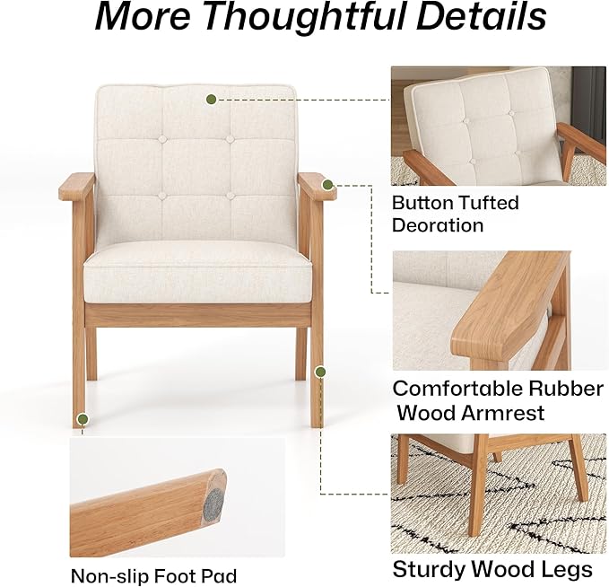 Modern Accent Chairs Set of 2, Upholstered Linen Fabric Leisure Chairs with Backrest Button and Wooden Frame for Living Room Bedroom Reading (Beige)