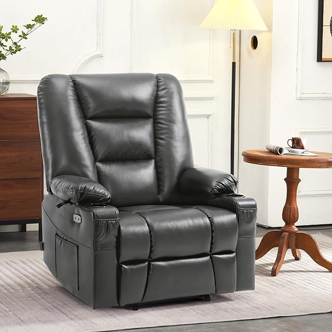 MCombo Oversized Power Lift Recliner Chair with Massage and Heat for Big and Tall Elderly People, Cup Holders, USB Ports, Side Pockets, Faux Leather R7541 (Dark Grey, Large-Oversize)